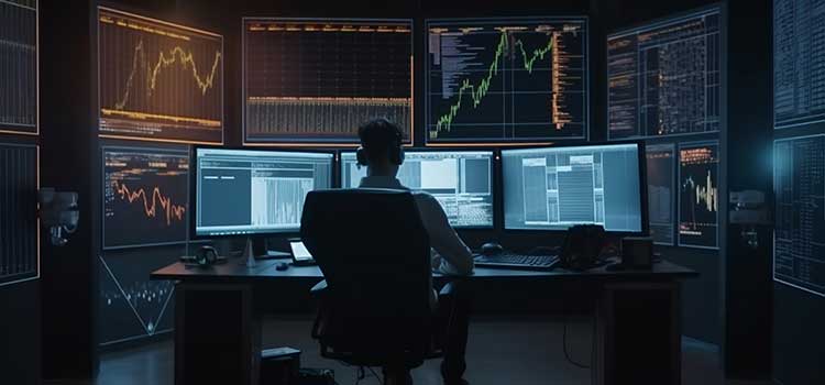 systems analyst works in darkened room with walls of lit computer monitors