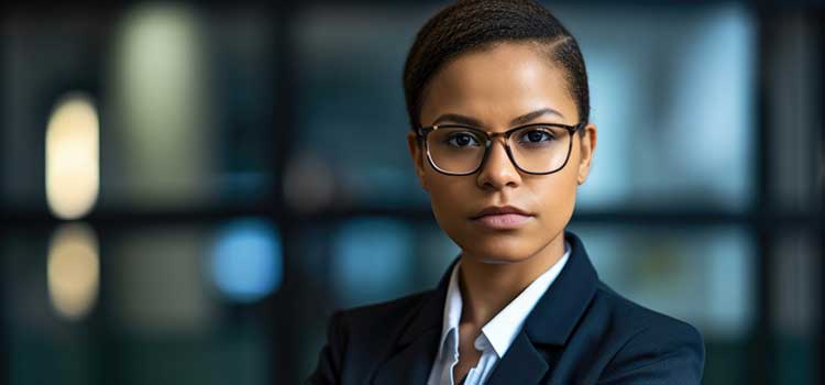 stern professional woman in business suit stares face front